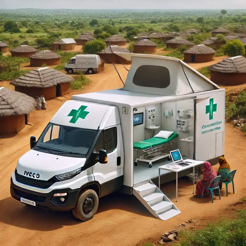 Unité mobile de soins avec auvent déployé